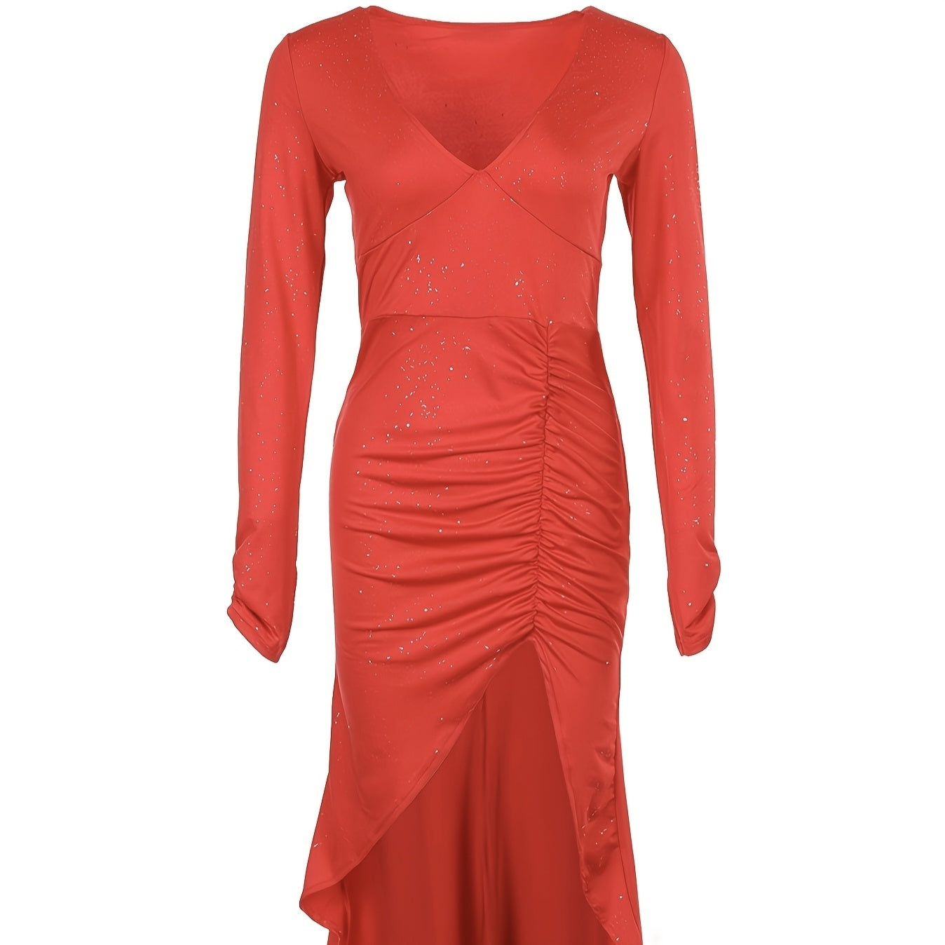 Ladies' V-neck Slim Fit Slit Fashionable Slimming Sexy Irregular Long Sleeved Mid Length Dress