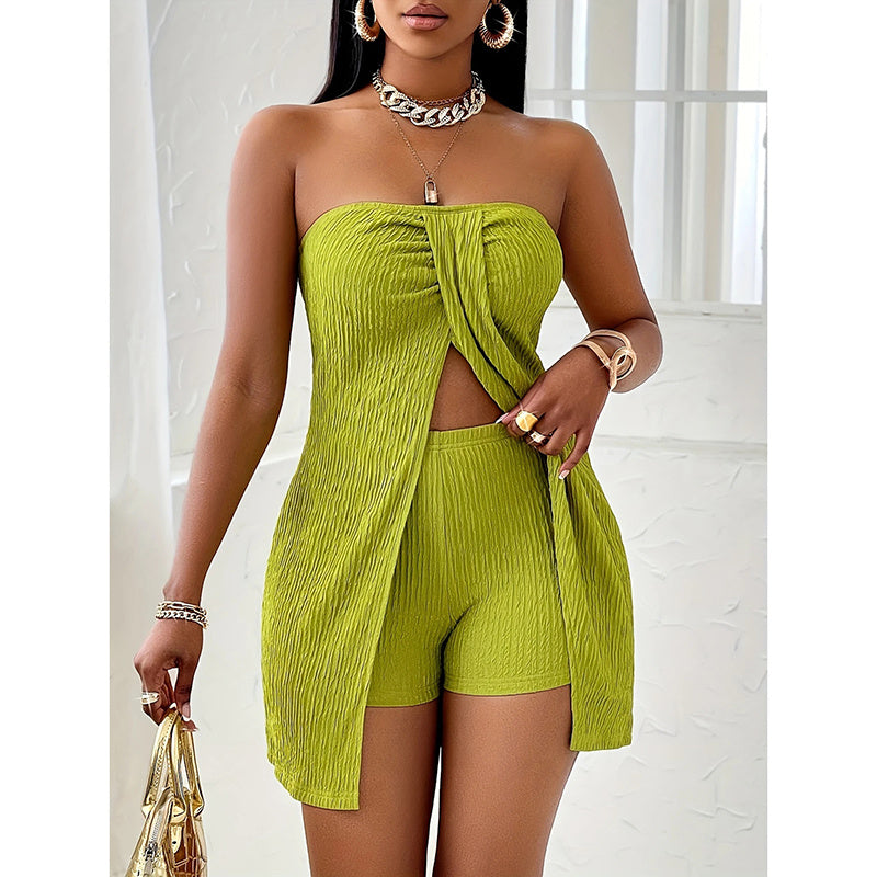 Women's 2 Piece Outfits Elegant Textured Strapless Ruched High Slit Tube Top And High Waist Skinny Shorts Shorts Set