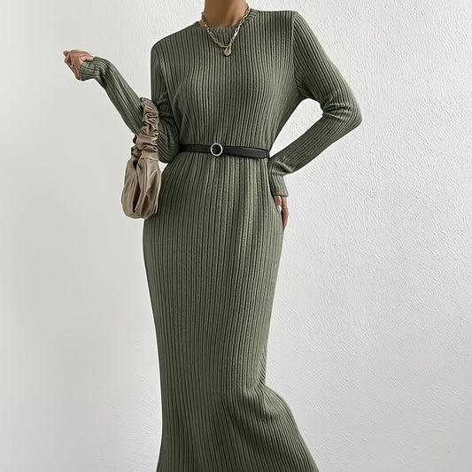 Women's Solid Color Ribbed Round Neck Long Sleeved Straight Tube Dress