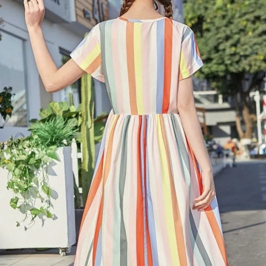 Ladies' Fashionable New Striped Short Sleeved V-neck Dress, Casual Vacation Long Dress