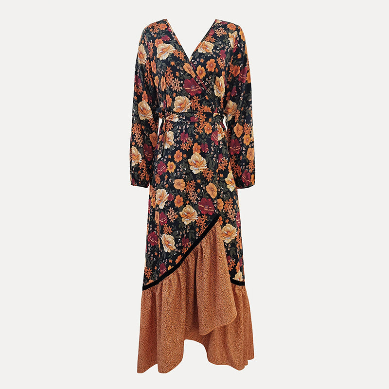 Women's Elegant V-Neck Floral Dress - Cross Front Detail & Tiered Ruffle Hem Flowing Bohemian-style Dress