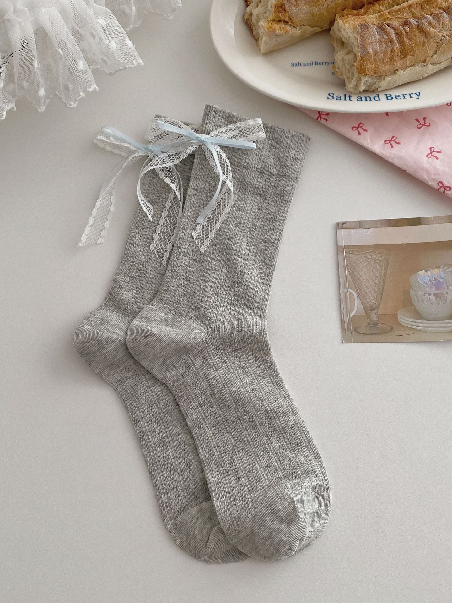 Summer Thin Boneless Ballet Style Ins Japanese Girl Lace Bow Ribbon Socks Women's Mid Tube Stockings
