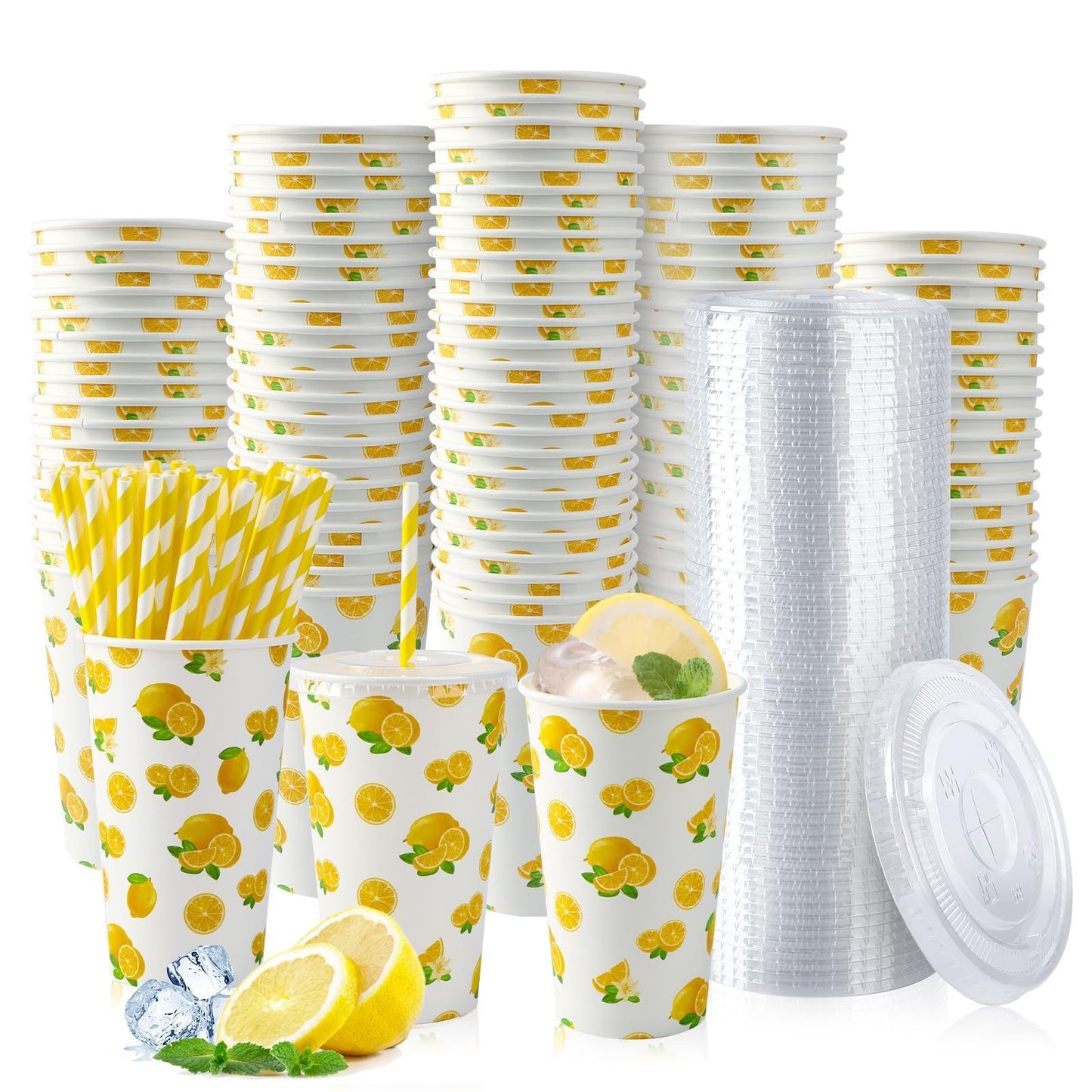 180pcs Lemonade Paper Cups With Lids And Straws 16oz Disposable Cups For Lemon Stand Supplies Summer Party Hot Cold Beverage,Amazon Is Banned,654-10328-G13