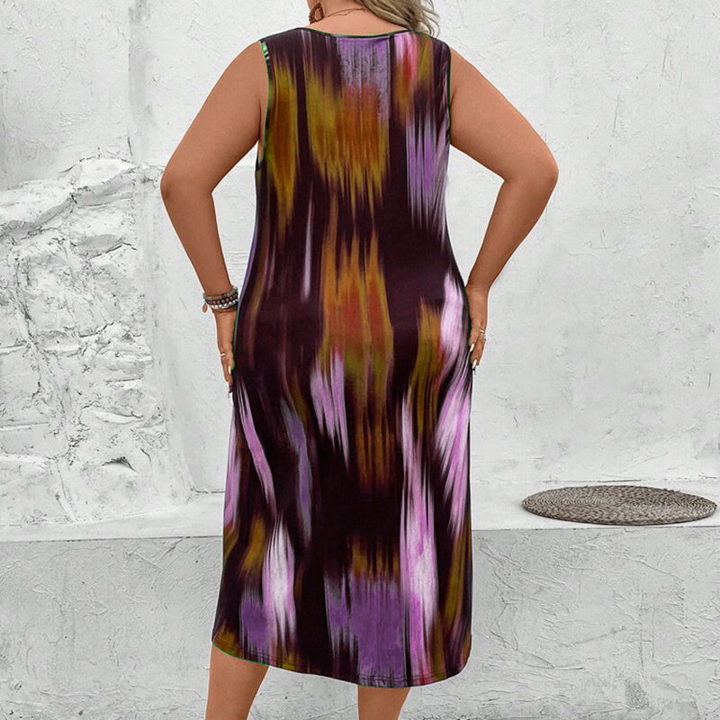 Women's Plus Size Round Neck Sleeveless Colours Print Maxi Dress - Loose Fit Long Summer Dress