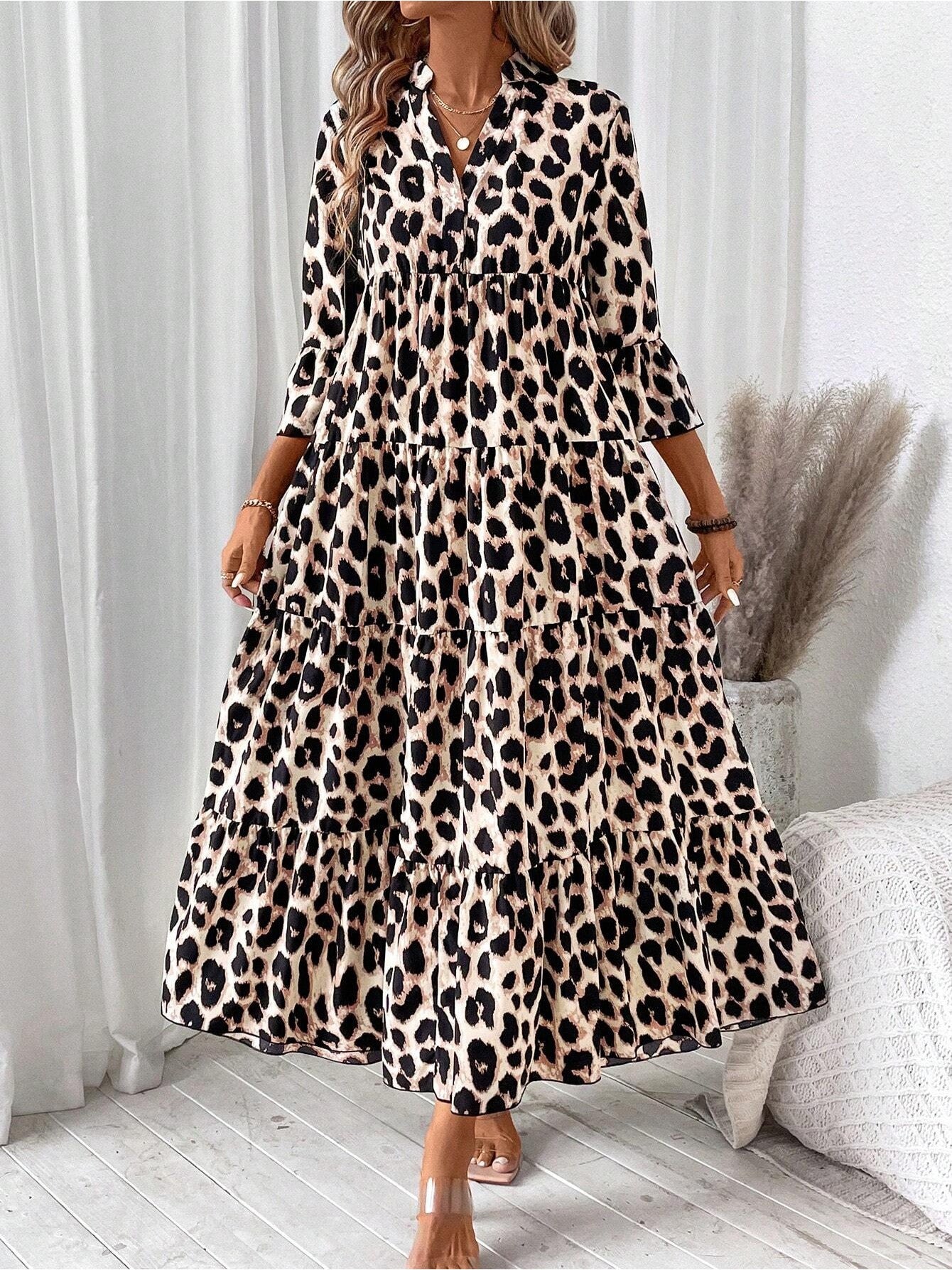 Women's Leopard Print Mid-Sleeve Loose-Fit Casual Comfortable Maxi Dress - Flattering For Slimming