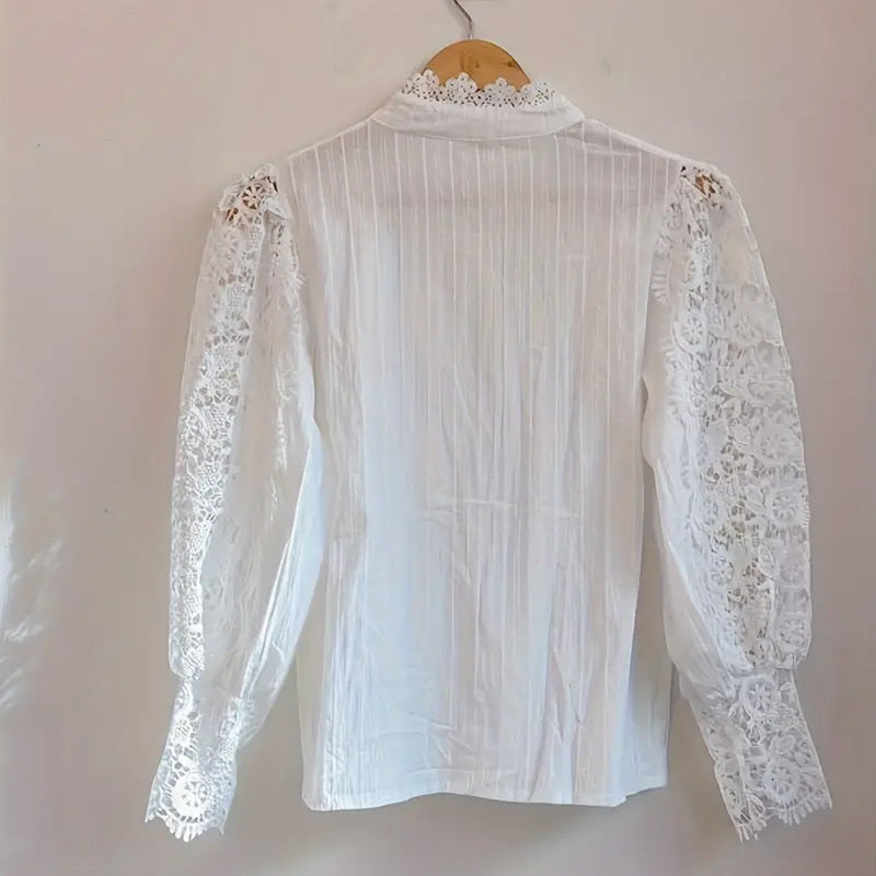 Elegant Women's Vintage Pearl Button Lace Blouse - Puff Sleeve Semi-Sheer Ruffled Stand Collar Shirt Spring&Summer Office & Vacation Top