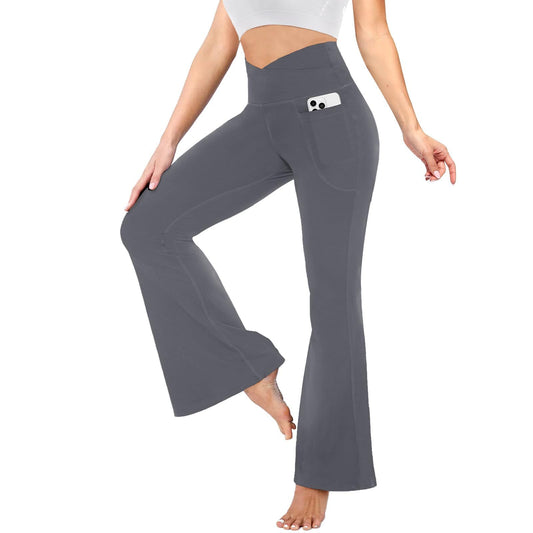 Flared Pants - Cropped Crossover Waist Pockets In Solid Dark Gray