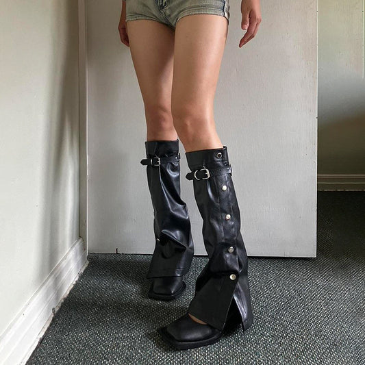 Dark Punk Metal Buckle Black Leather Leg Warmer