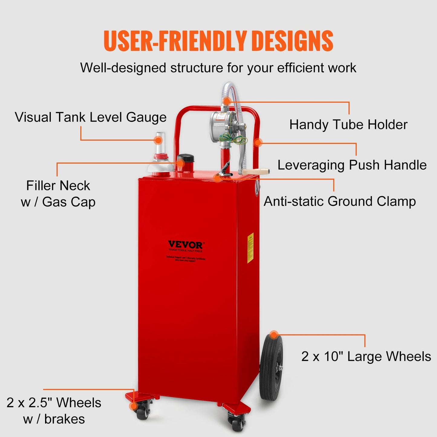 VEVOR Fuel Caddy, 35 Gallon, Gas Storage Tank On 4 Wheels, With Manuel Transfer Pump, GasolineFuel Container For Cars, Lawn Mowers, ATVs, Boats, More, Red