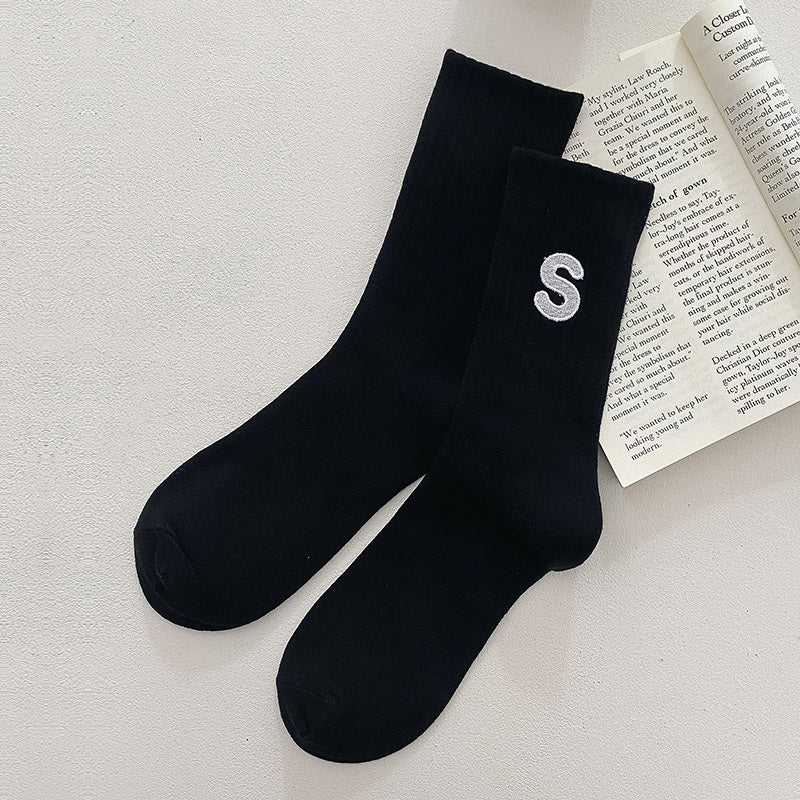 Women's Embroidered S-letter Cotton Sweat-absorbent Autumn And Winter Socks