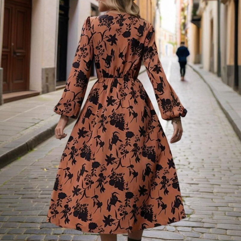 Women's V-Neck Long Sleeve Boho Maxi Dress Floral Print Cuffed Sleeves With Hem Side Slit & Waist A-Line Beach Vacation Dress