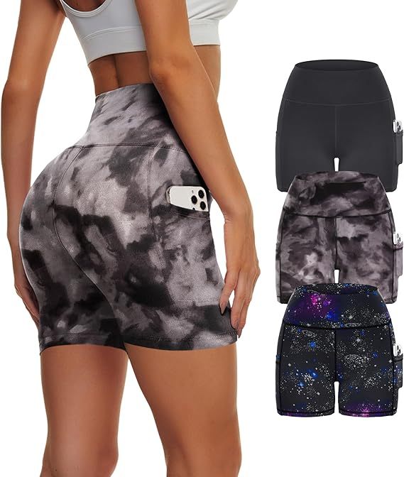 Yoga Pants - Three Points High Waist 3 Pieces Of Polyester Double Grinding Black Polyester Double Grinding Black Tie-dye Polyester Double Grinding Blue Purple Starry Sky