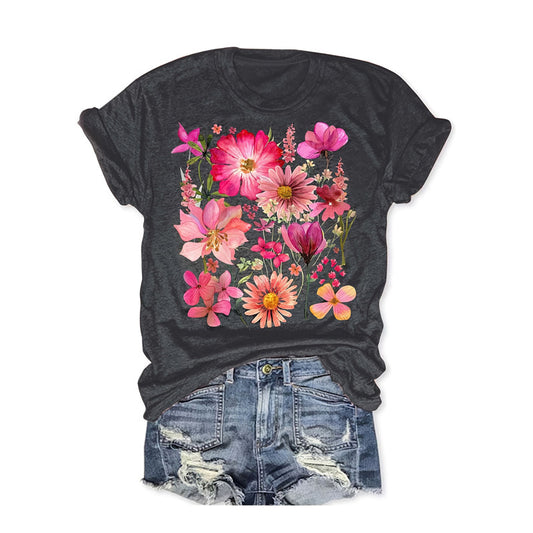 Women's Colorful Flower Print Round Neck Short Sleeve T-Shirt - Summer Casual Top