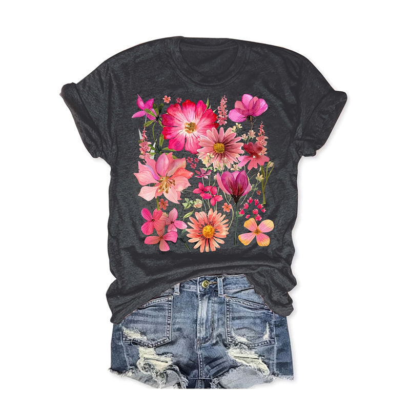 Women's Colorful Flower Print Round Neck Short Sleeve T-Shirt - Summer Casual Top