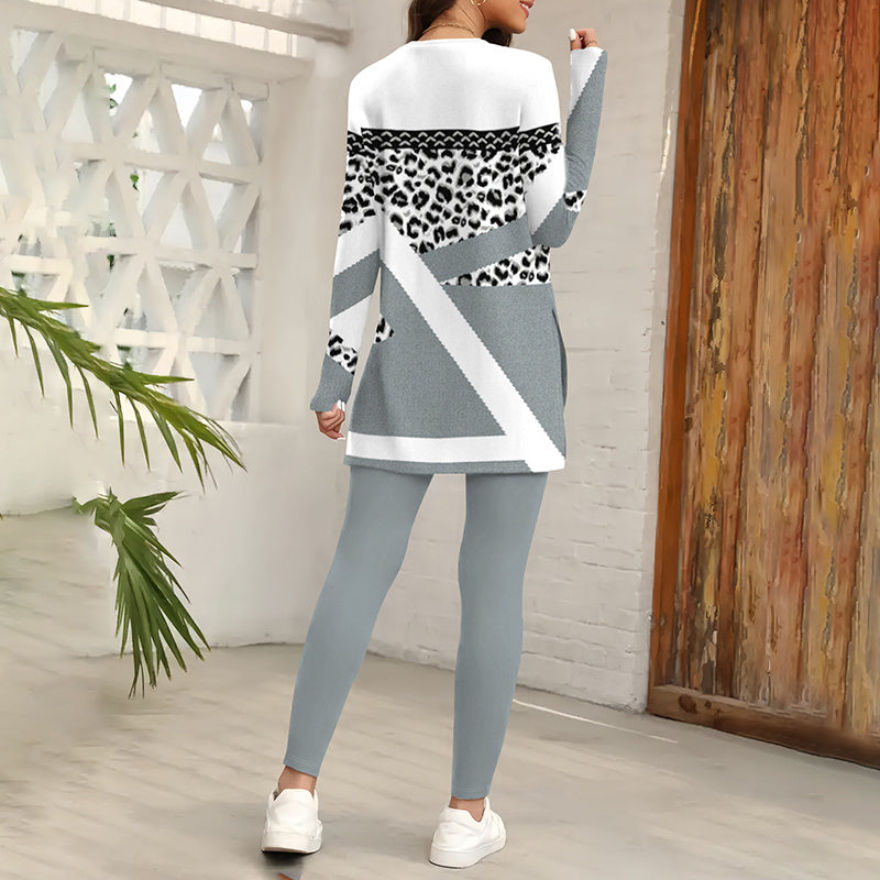 Women's Round Neck Printed Slit Long Sleeve Top & Long Pants Set - Casual Loungewear Outfit
