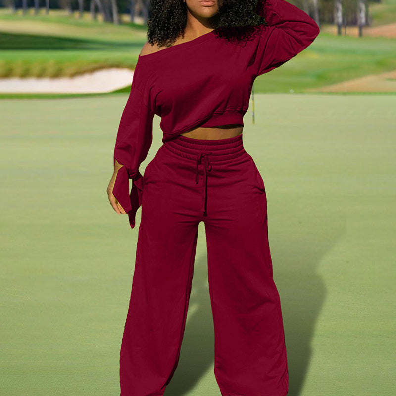 Women's One-Shoulder Casual Set - Solid Color Long Sleeve Top & Elastic Waist Pants With Drawstring & Pockets For Spring & Fall
