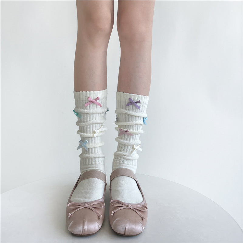 Candy-colored Bow Pile Style Calf Socks Women's Handmade Tube Socks