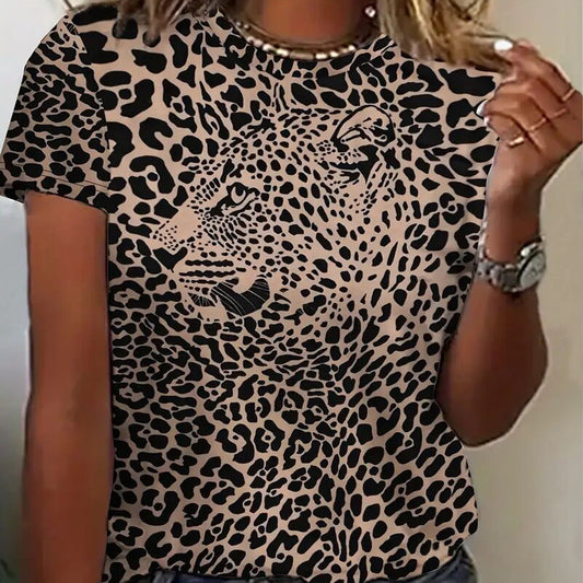 Women's Leopard Print Round Neck T-Shirt - Wild Chic Summer Short Sleeve Top