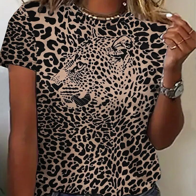 Women's Leopard Print Round Neck T-Shirt - Wild Chic Summer Short Sleeve Top