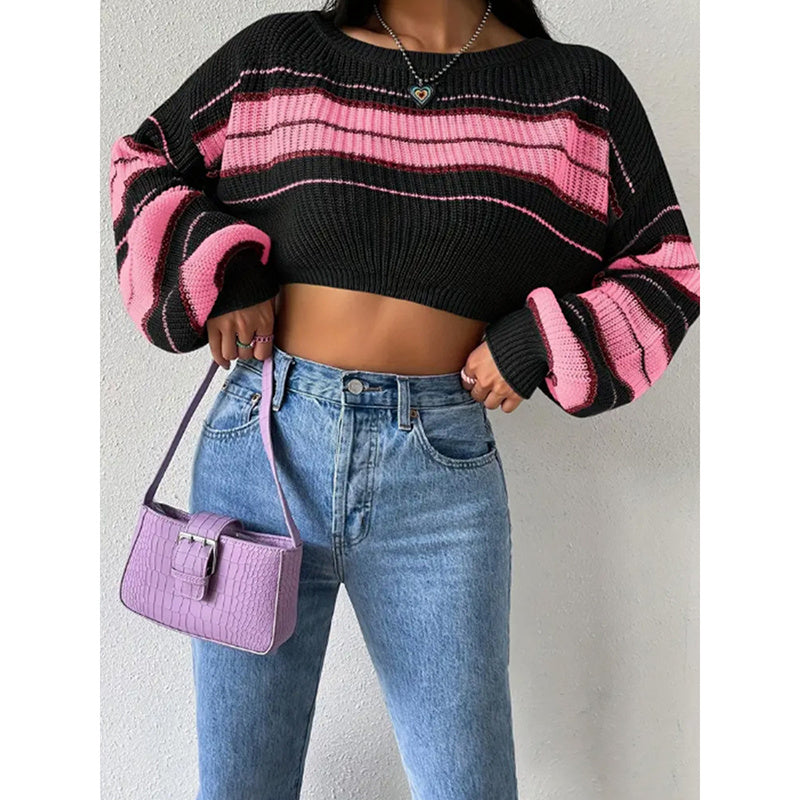 Women's Color Block Striped Sweater Crew Neck Lantern Sleeve Cropped Pullover Tops