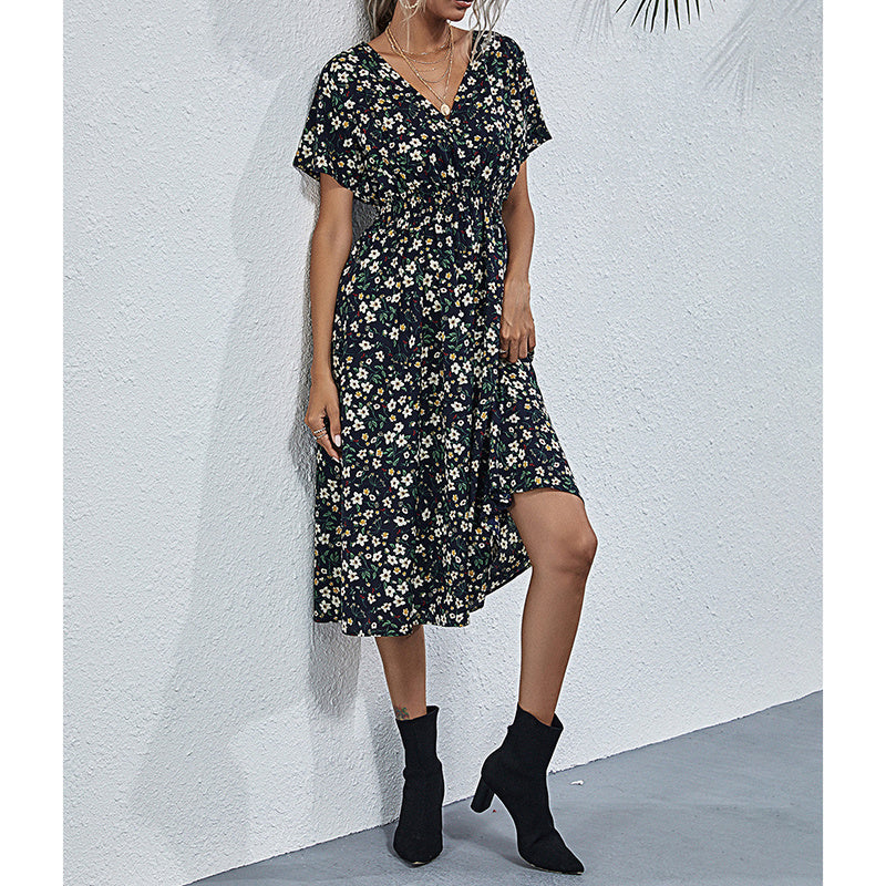 Womens Summer Dresses Boho V Neck Floral Print Short Sleeve Mini Dress Cute Smocked Waist Short Dress