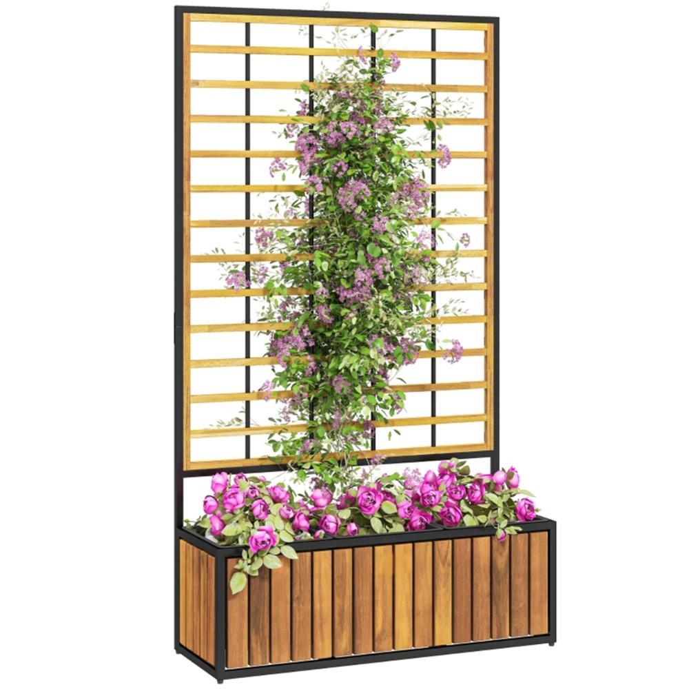 Wooden Raised Garden Bed With Trellis, Removable Pots For Backyard-Teak
