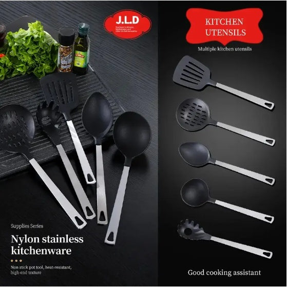 Cooking Utensil Set Premium 5 Piece Kitchen Utensil Set - Stainless Steel Handle And Nylon Faucet, Non-Stick, Heat Resistant, For Home, Kitchen Gift