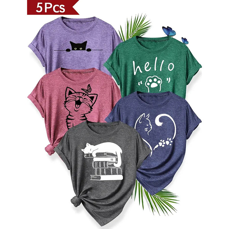 5 PCS Floral Graphic Shirt For Women Cute Flower Short Sleeve Ladies Tee Tops Teen Girls Casual T Shirt