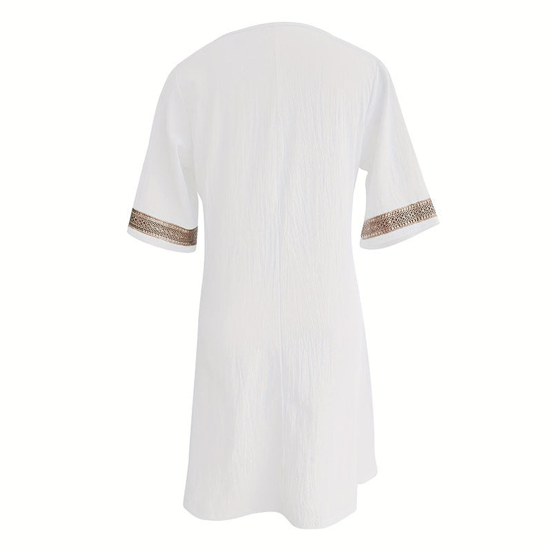 Women's Chic Guipure Lace V-Neck Tunic Dress Knee-Length, Hollow Detail,All-Season Dress