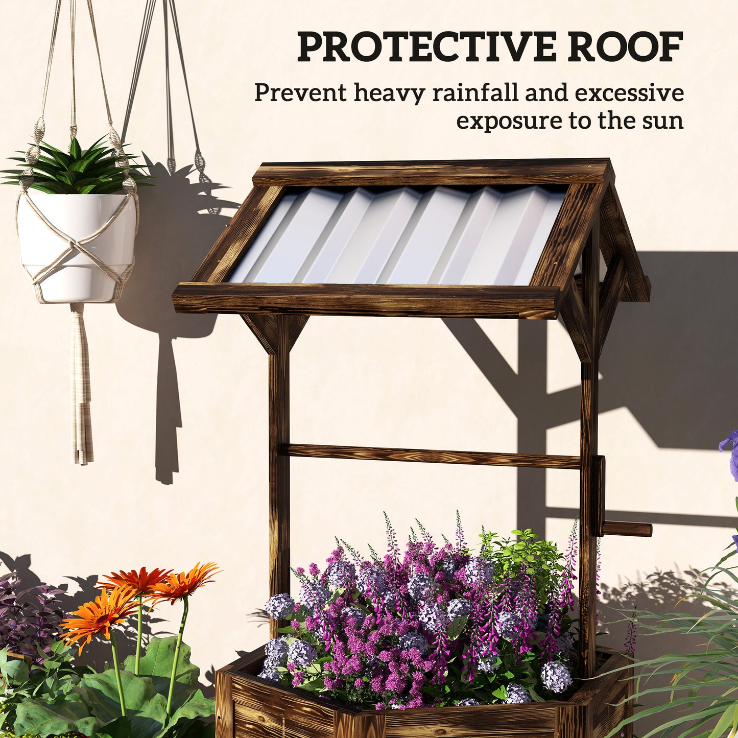 Wooden Wishing Well Planter, Raised Garden Bed With Galvanized Canopy-Tan