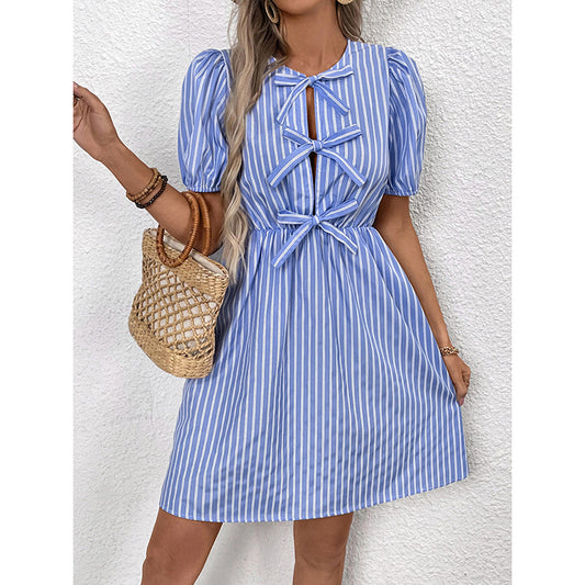 Women's Striped Tie Front Puff Sleeve Summer Casual Mini Dresses Loose Flowy Sundress