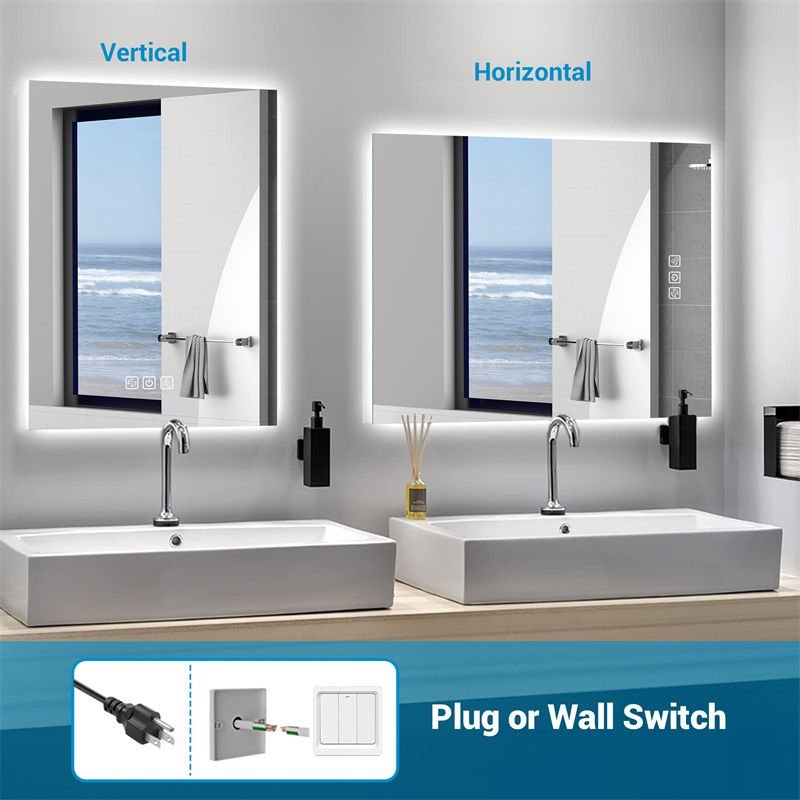 LED Bathroom Mirror Bright Backlight, 5 Mins Defog, Full HD Reflected Wall Mounted Vanity Mirror, 3 Colors Stepless Dimmable, CRI90, Memory Function, Anti-Fog
