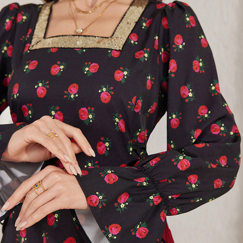 Women's Elegant Floral Print Square Neck Dress With Puff Sleeves & Cinched Waist, Summer Bohemian Dress