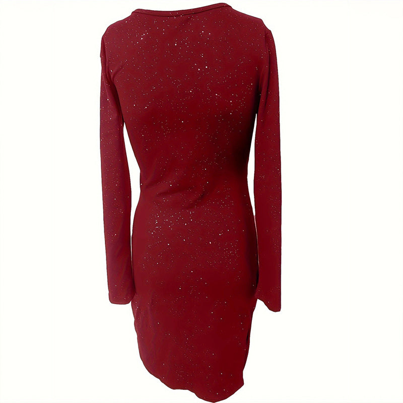 Elegant Women's Solid Color V-Neck Bodycon Dress - Long Sleeve Slim Fit Party Dress For Fall&Spring