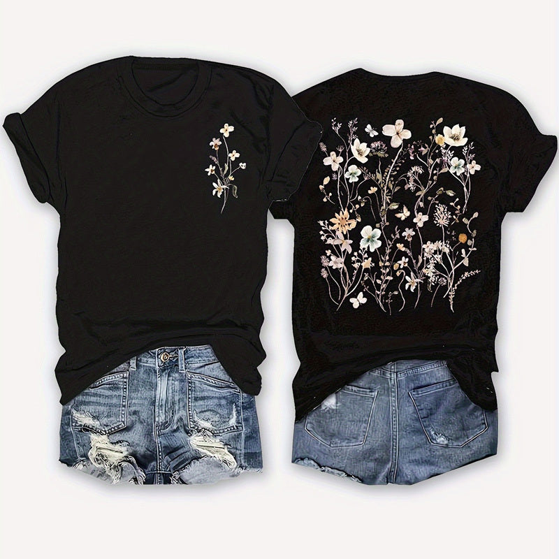 Women's Round Neck Short Sleeve T-Shirt - Front & Back Floral Print Summer Casual Tee