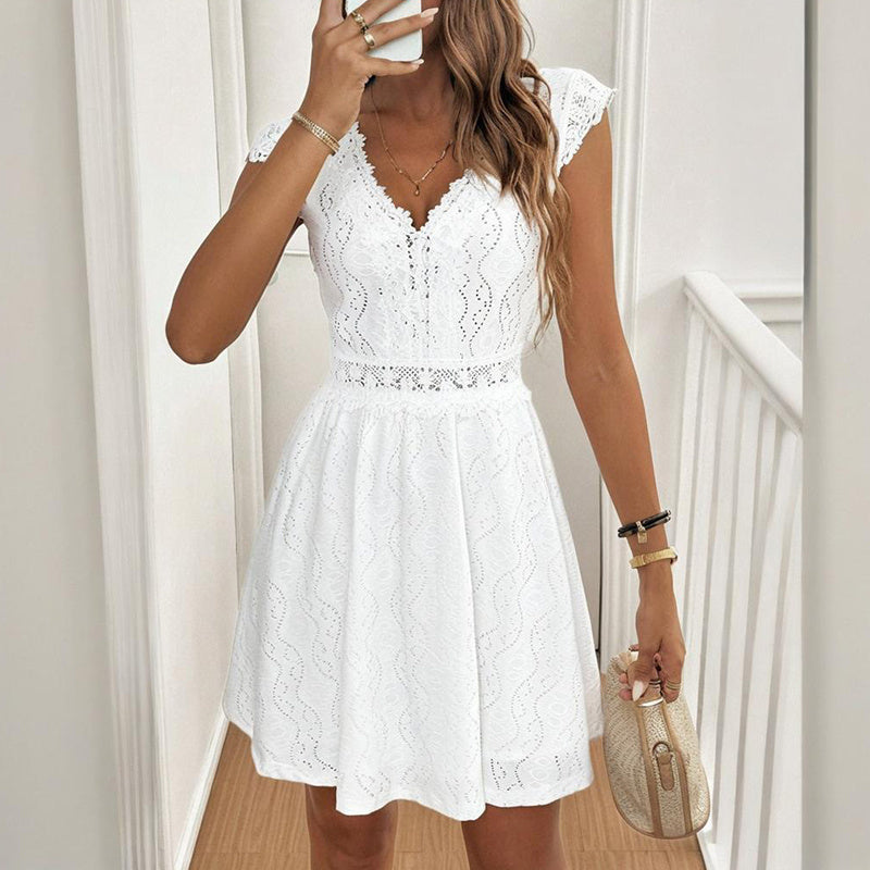 Women's V-Neck Solid Color Short Sleeve Dress With Lace Trim - Summer Sexy Vacation Dress