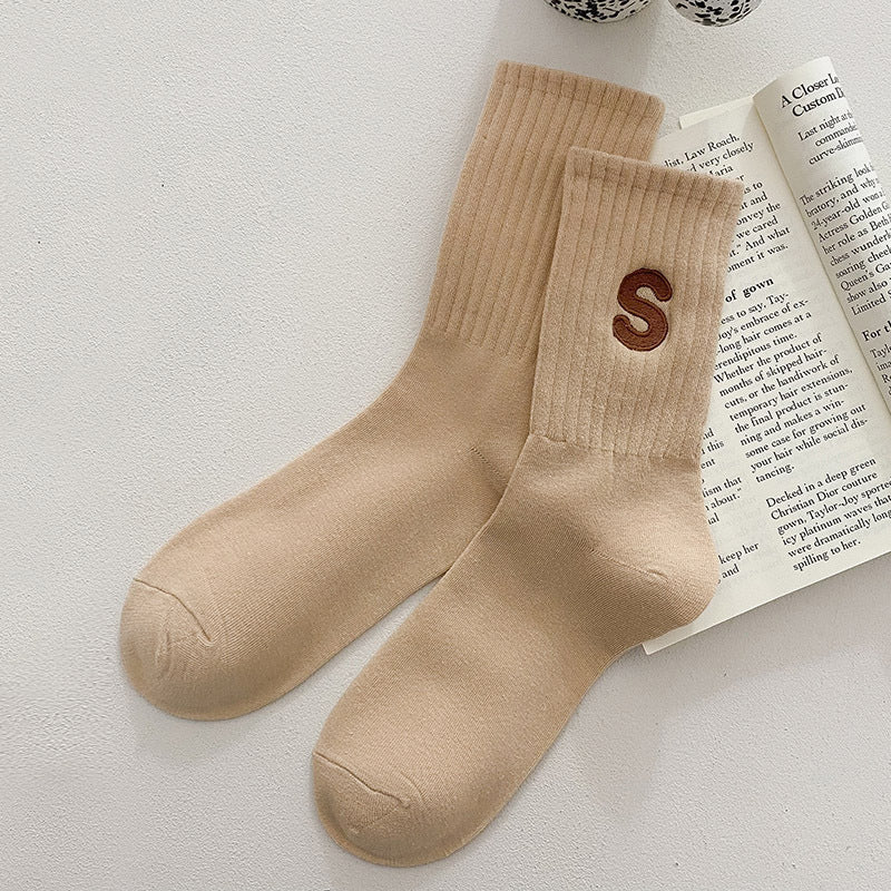 Women's Embroidered S-letter Cotton Sweat-absorbent Autumn And Winter Socks