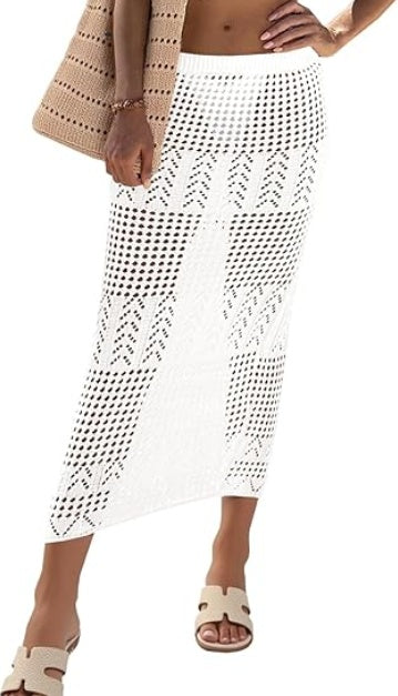 Fisoew Womens Crochet Skirt Cover Up High Waist Sheer Mesh Beach Maxi Skirts Hollow Out Knit Swimsuit Coverups