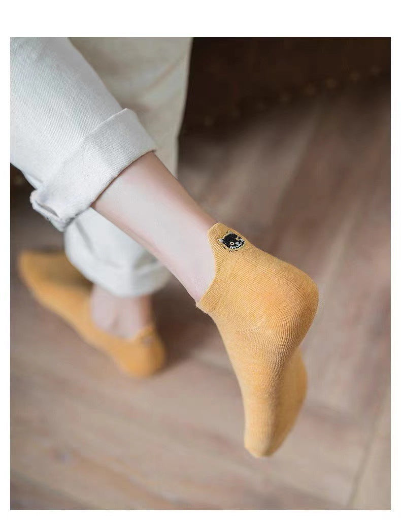 Spring Mesh Breathable Heel Embroidered Cat Women's Boat Socks