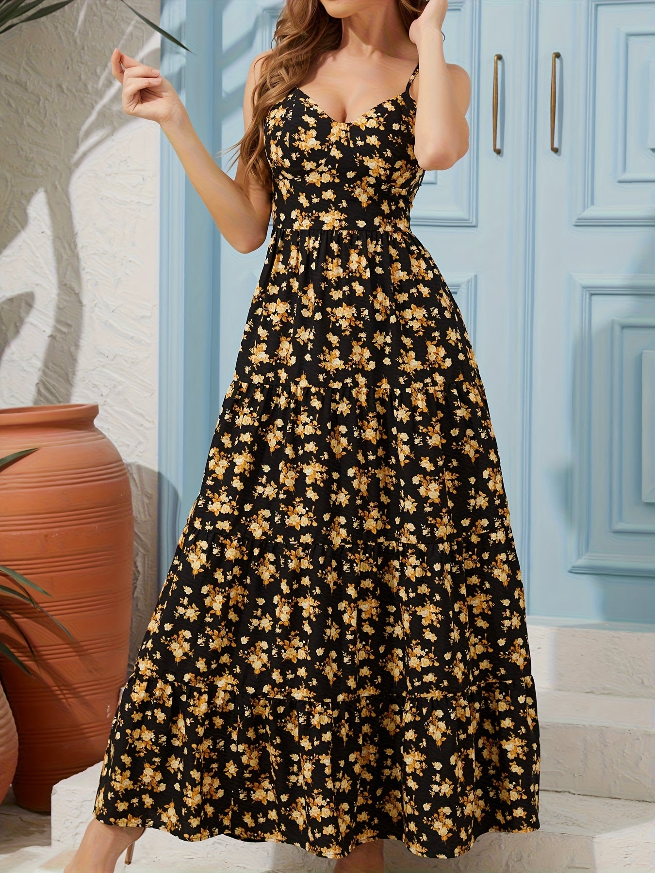 Women's Summer V-Neck Floral Print Strappy Dress - Sexy Backless Bowknot Flowy Maxi Party Dress