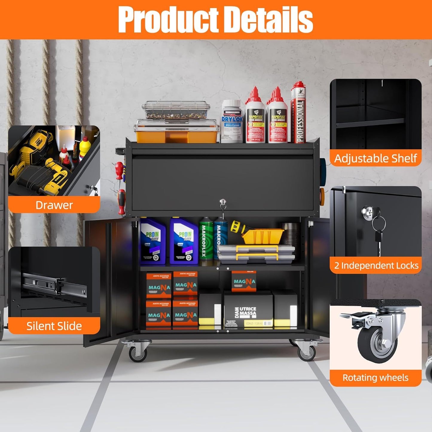 Metal Storage Cabinet On Wheels, Black Rolling Tool Cabinet With Drawer&Pegboard&a Handle&Hooks&Adjustable Shelves For Home Office Garage Warehouse Utility Room, Assembly Required