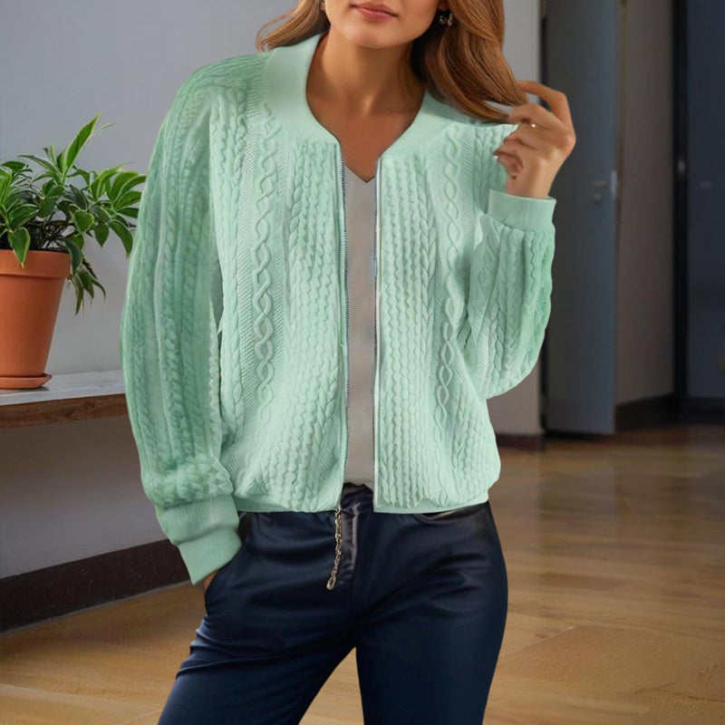 Women's Solid Color Jacquard Short Sleeve Casual Jacket Baseball Collar With Zipper Spring & Fall Lightweight Outerwear