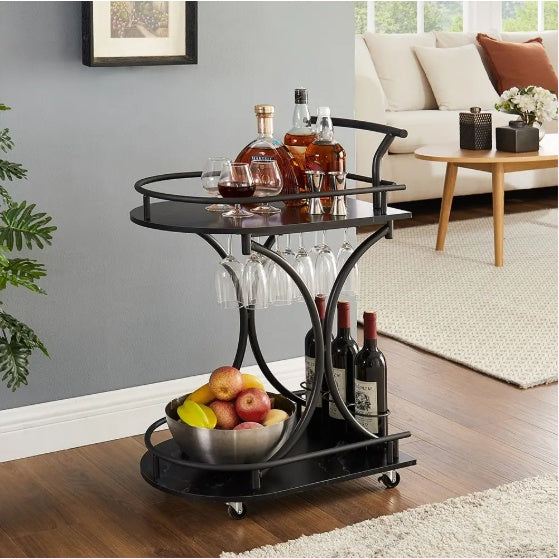 2-Tier Bar Cart,Black Wine Cart With Wine Rack & Glass Holder,Mobile Bar Serving Cart,for Party,Home,Rolling Drink Trolley For Living Room