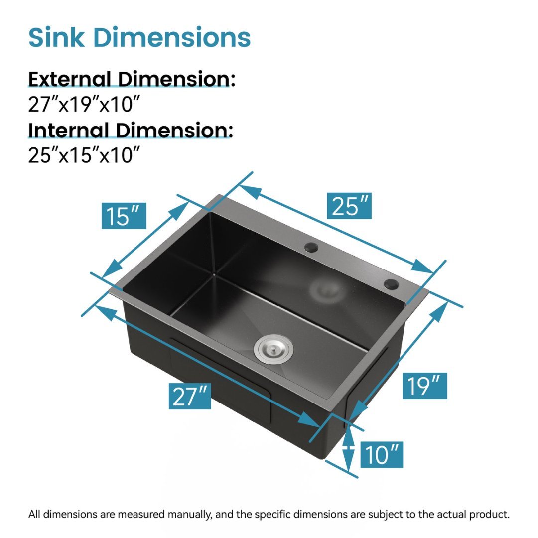 Stainless Steel Kitchen Sink, Single Bowl, Overmount Handmade Sink In Black, With US Standard Drain And Hook, LS-SSBL01