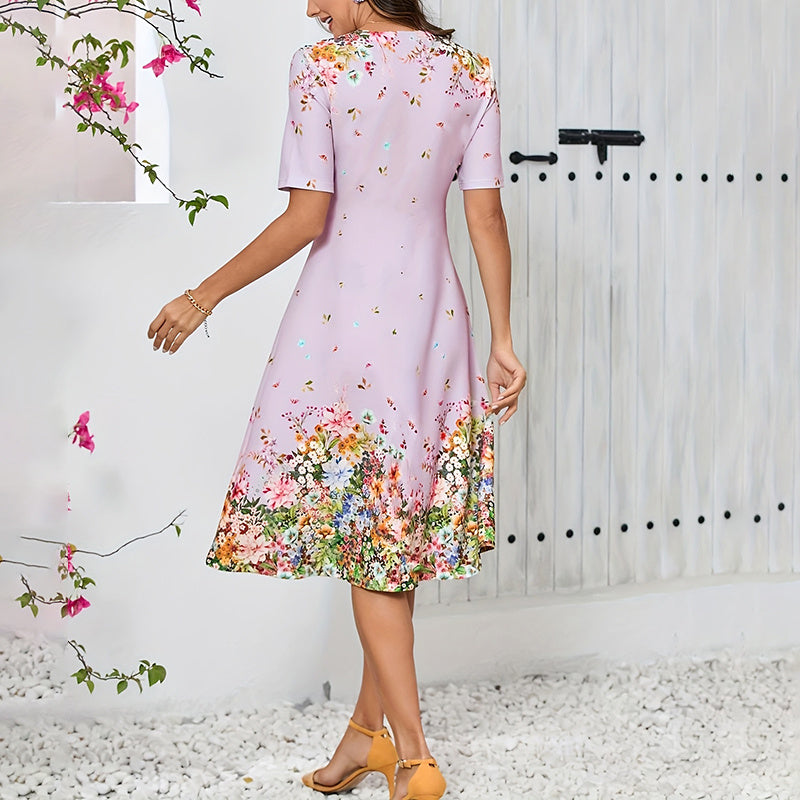 Women's Summer Short Sleeve Casual Dresses Sweet Cute V-Neck Floral Sundresses