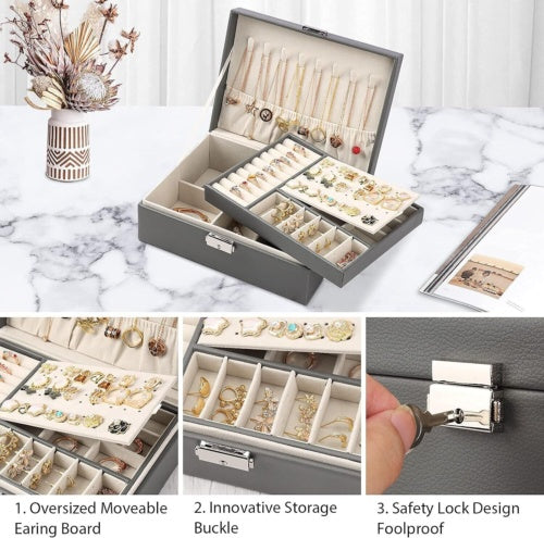 2 Layer Grey Jewellery Box Organizer Rings Necklaces Jewellry Storage Case Box