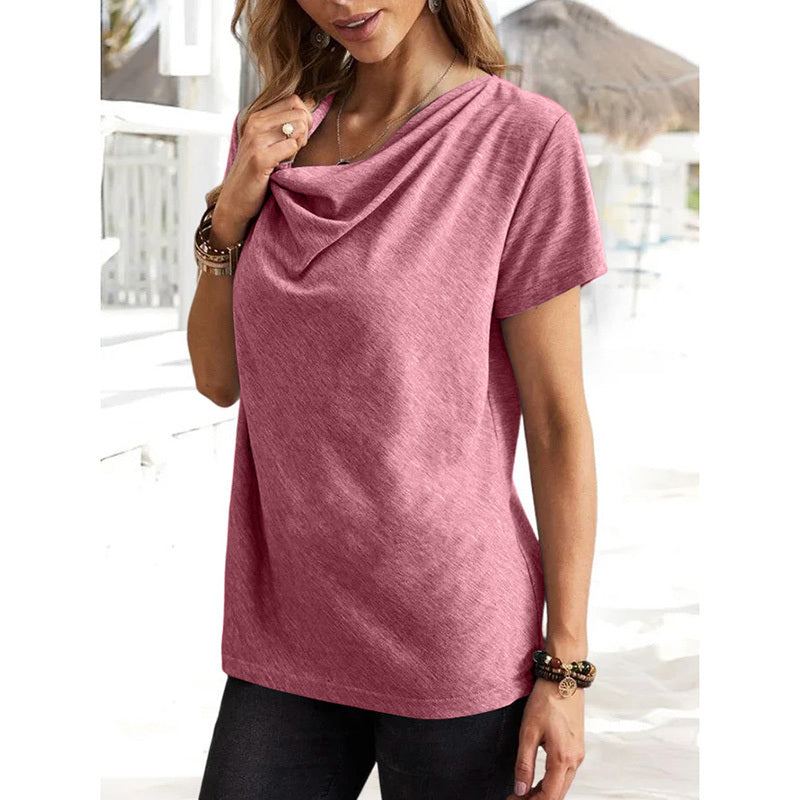 Womens Short Sleeve Cowl Neck Shirts Trendy 2025 Dressy Casual Outfits Ladies Top Blouses