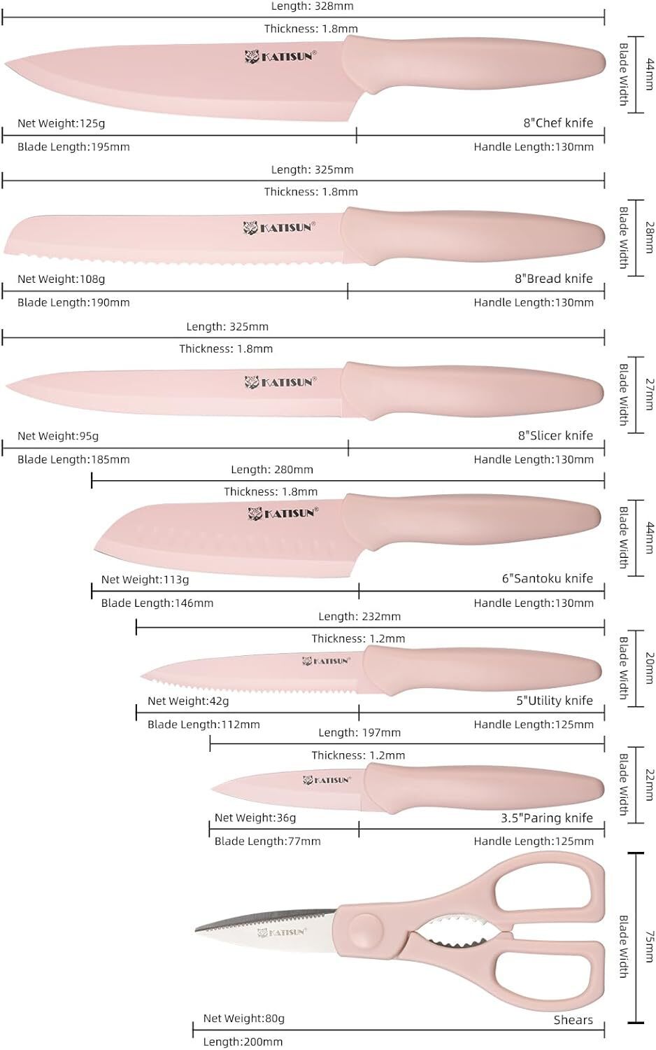 13-piece Pink Non-stick Coated Kitchen Knife Set In A Box Rust-resistant And Dishwasher-safe Includes 6 Knives With Knife Sheath And Kitchen Scissors