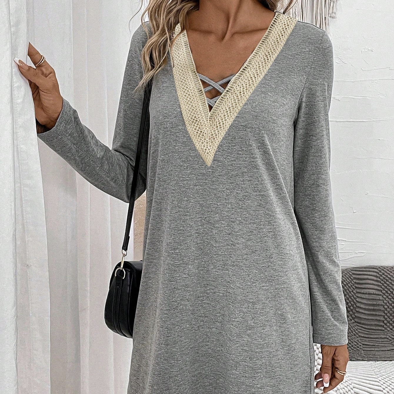 Ladies' Spring And AutumnSummer Long Sleeved Lace Splicing Hollow V-neck Elegant Casual Style Dress