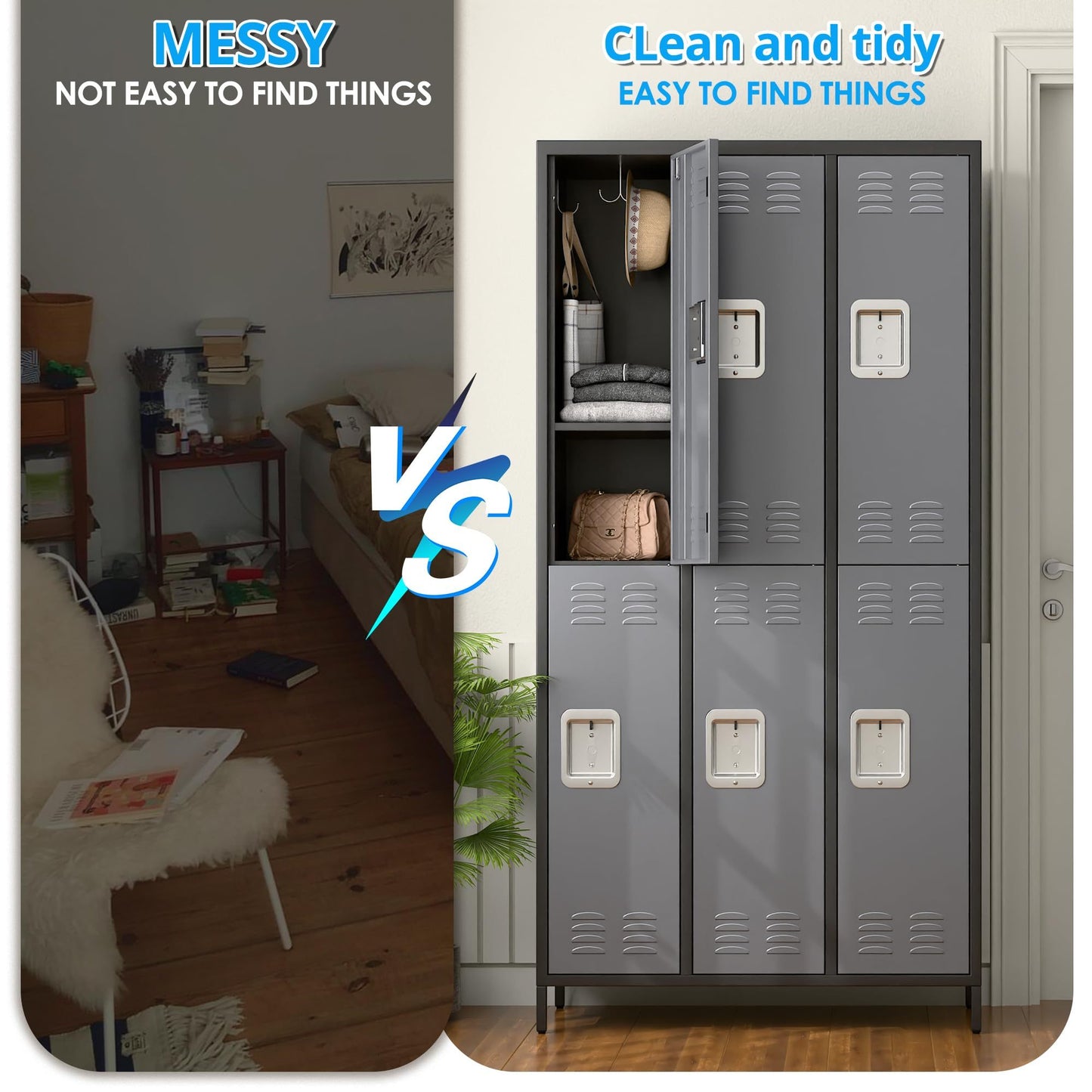 Metal Lockers For Employees,Locking Metal Storage Locker With 6 Doors &18 Hooks For School Office Gym Bedroom,Assembly Required,Black And Dark Grey